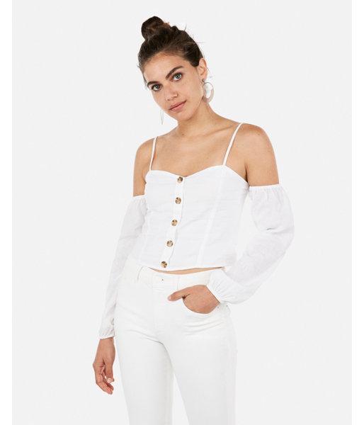 Express Womens Cold Shoulder Button-front Cropped Linen-blend Top