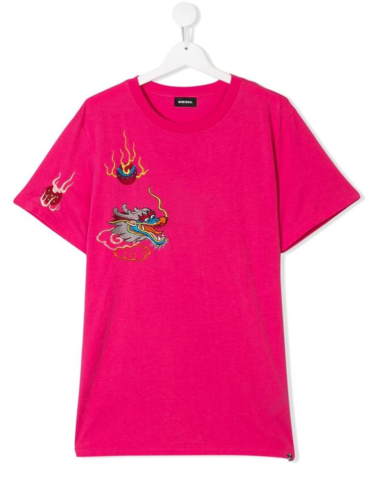 Diesel Kids Dragon Embroidered T-shirt - Pink