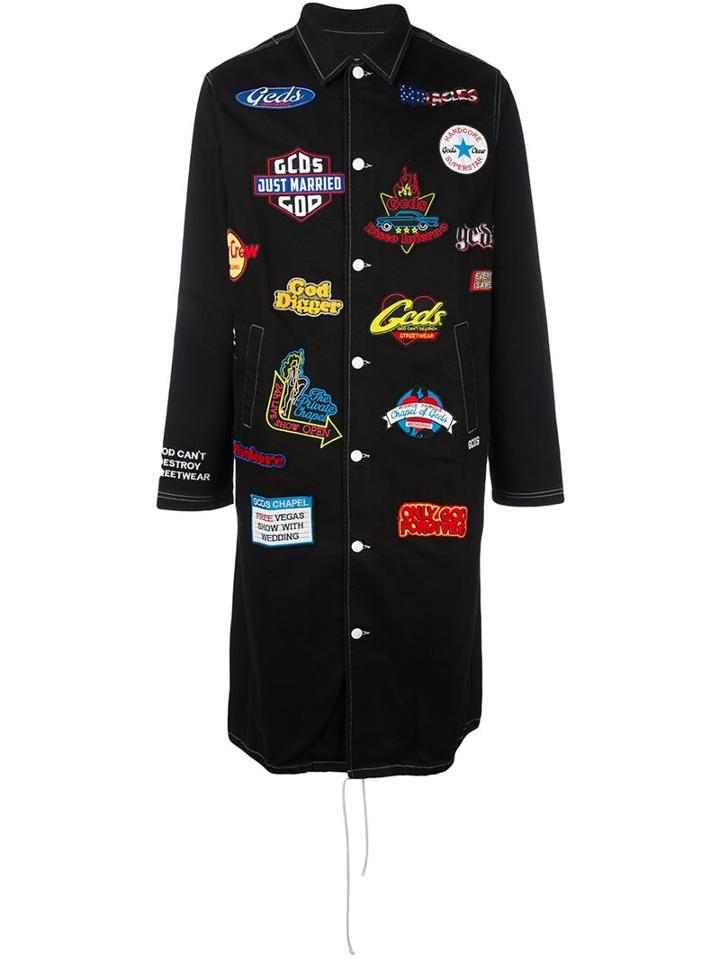 Gcds Patched Single Breasted Coat, Men's, Size: Xs, Black, Cotton
