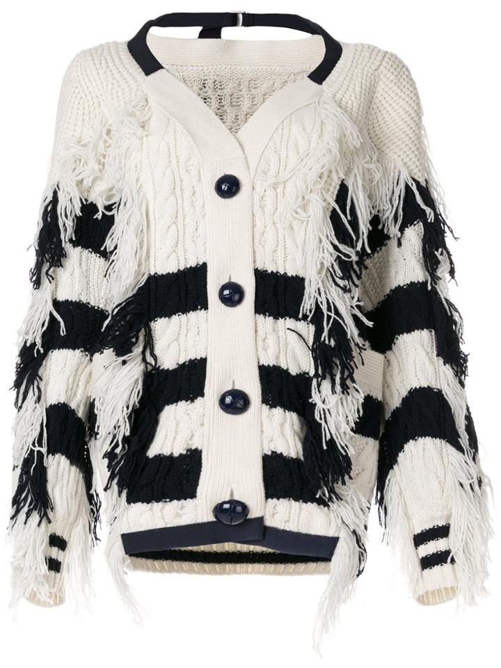 Sacai Frayed Chunky Striped Cardigan - White