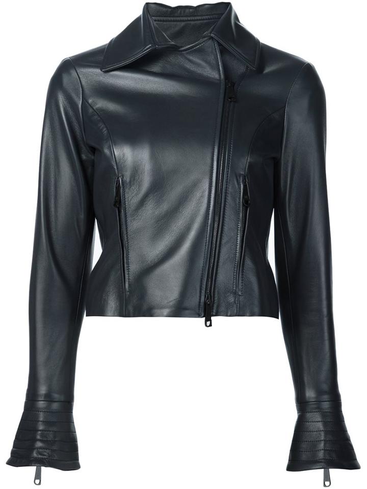 Carolina Herrera Leather Motorcycle Jacket, Women's, Size: 6, Blue, Polyester/acetate/lamb Skin