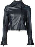 Carolina Herrera Leather Motorcycle Jacket, Women's, Size: 6, Blue, Polyester/acetate/lamb Skin
