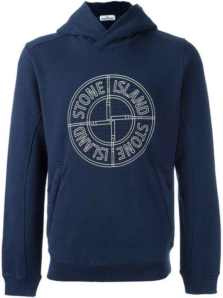 Stone Island Logo Print Hoodie, Men's, Size: Large, Blue, Cotton