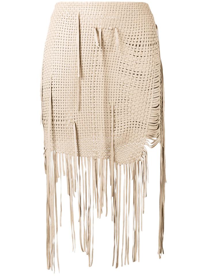 Magda Butrym - Woven Fringe Mini Skirt - Women - Silk/sheep Skin/shearling - 36, Nude/neutrals, Silk/sheep Skin/shearling