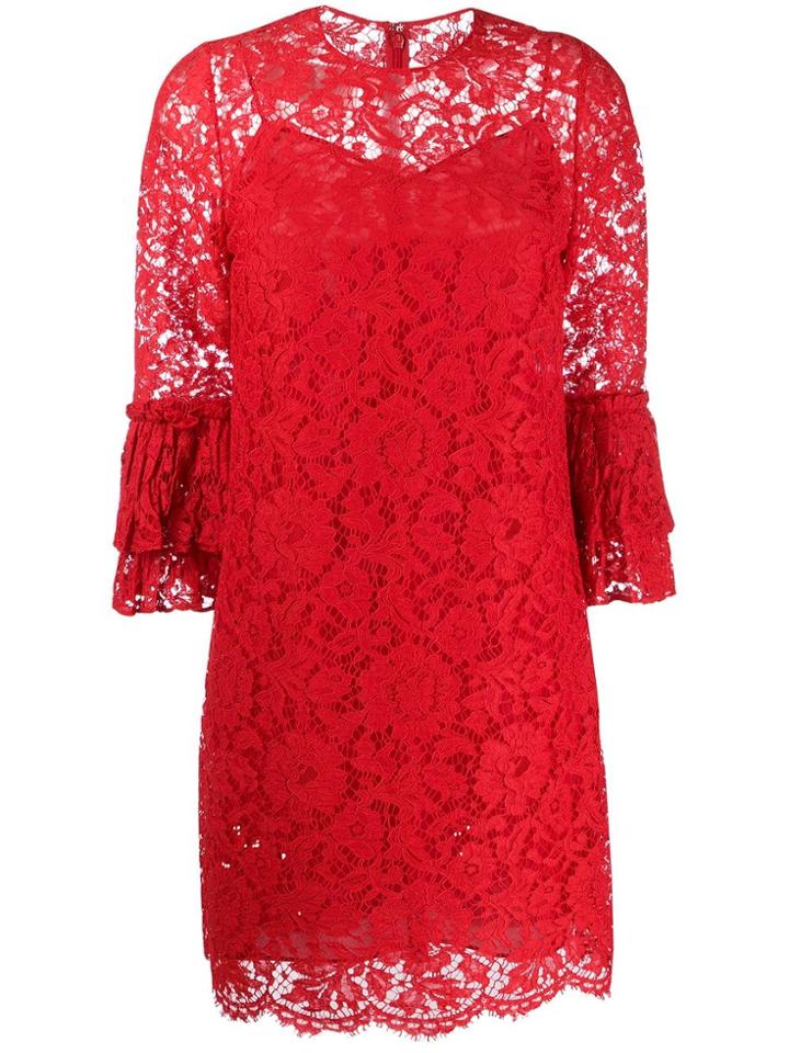 Valentino Floral Lace Ruffle Dress - Red