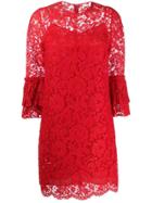Valentino Floral Lace Ruffle Dress - Red