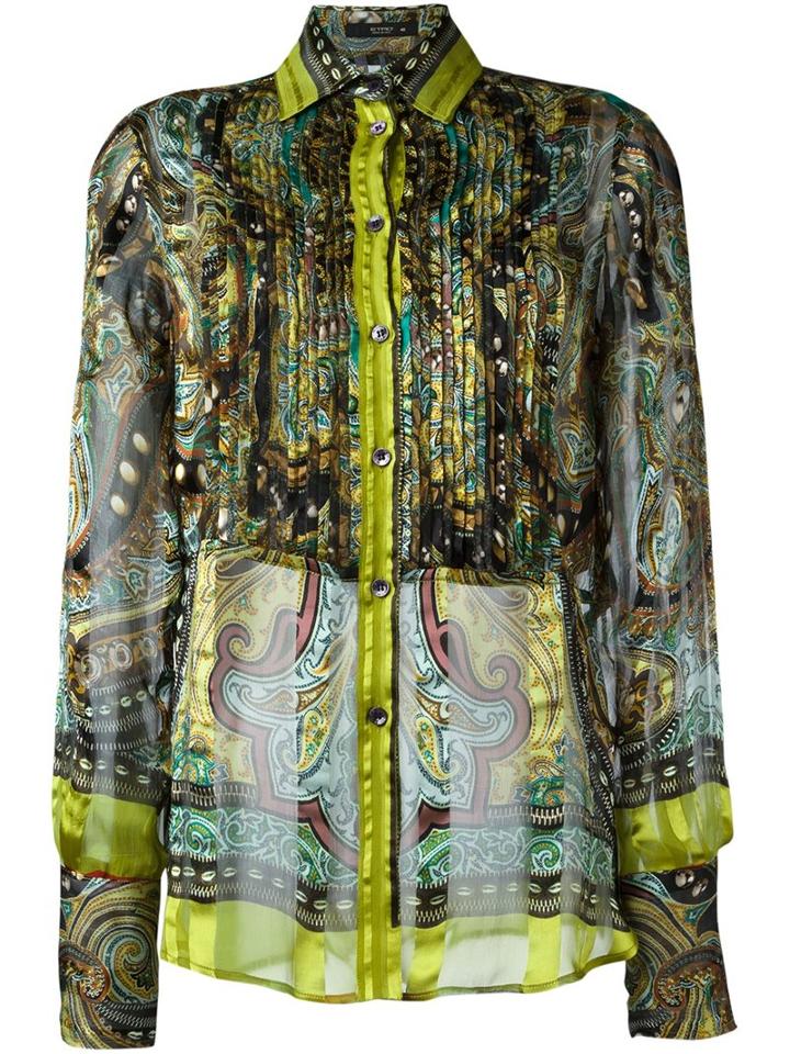 Etro Ruffle Front Semi Sheer Shirt, Women's, Size: 42, Yellow, Silk