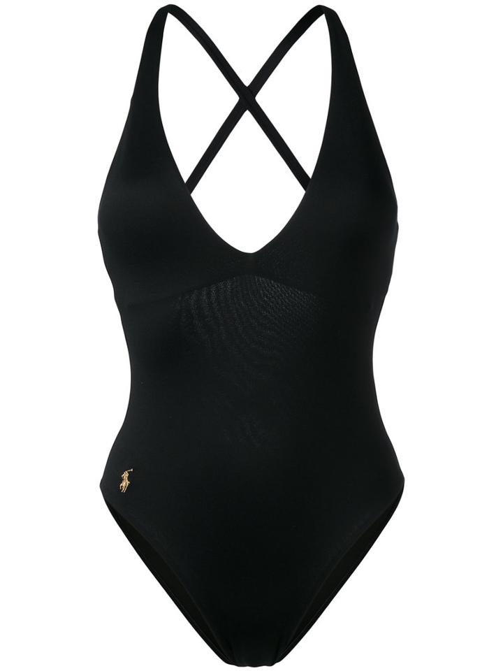 Polo Ralph Lauren V-neck One-piece, Women's, Size: Medium, Black, Nylon/polyester/spandex/elastane