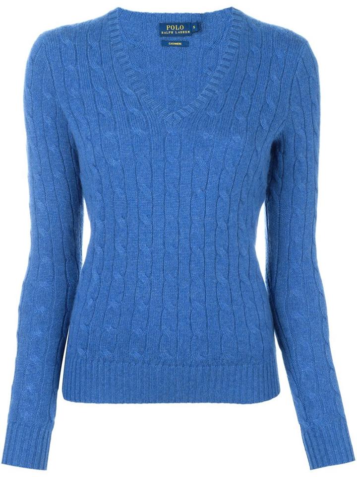 Polo Ralph Lauren Cable Knit V Neck Jumper, Women's, Size: Small, Blue, Cashmere