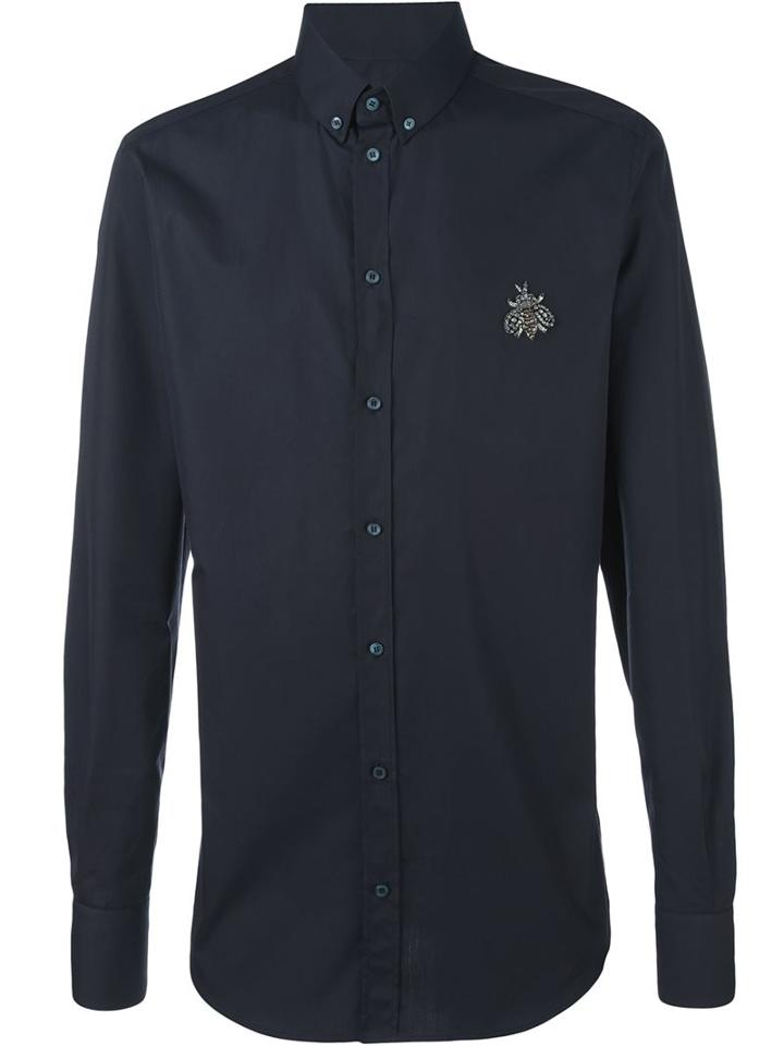 Dolce & Gabbana 'bee' Embellished Button-down Shirt, Men's, Size: 39, Black, Silk/cotton/polyester/glass