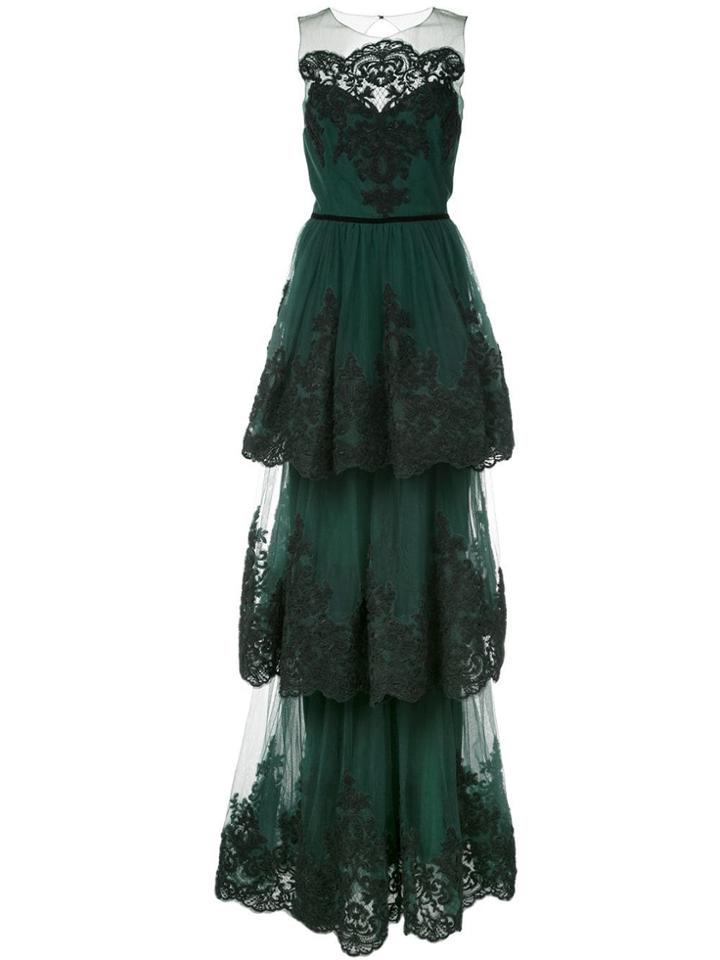 Marchesa Notte Soutache Embroidered Tiered Gown - Green