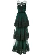 Marchesa Notte Soutache Embroidered Tiered Gown - Green