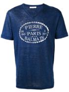 Pierre Balmain V-neck Logo Print T-shirt, Men's, Size: 48, Blue, Linen/flax