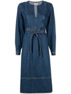 Co Belted Split Neck Midi Dress - Blue