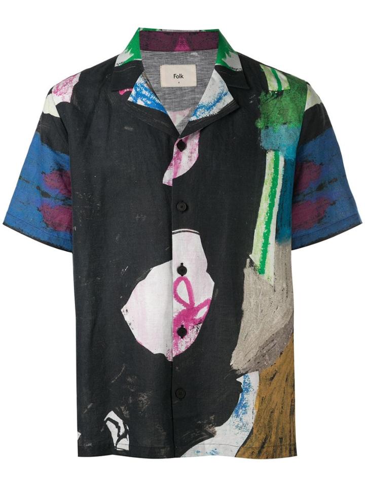Folk Abstract Print Soft Collar Shirt - Black