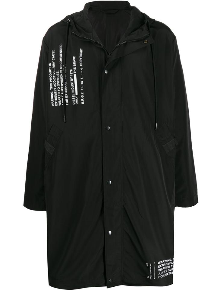 Diesel Text-print Hooded Coat - Black