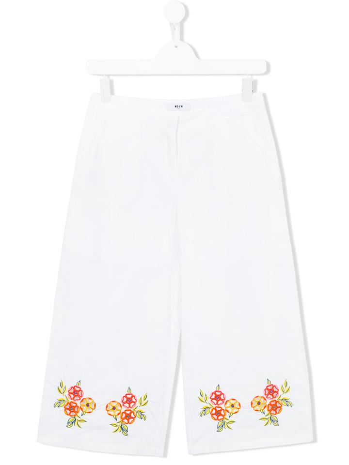 Msgm Kids Embroidered Flower Trousers, Size: 14 Yrs, White