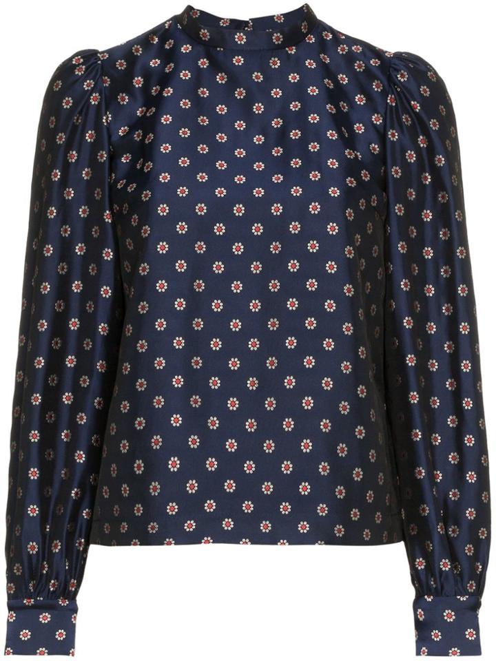 N Duo Flower Print High Neck Blouse - Blue