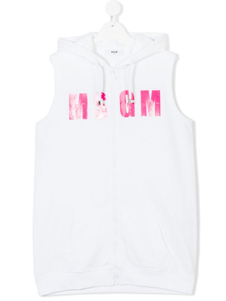 Msgm Kids Logo Printed Sleeveless Hoodie - White