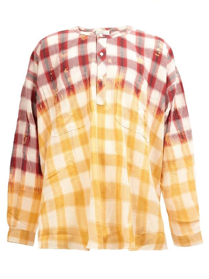 Faith Connexion Collarless Checked Shirt, Men's, Size: Medium, Red, Cotton