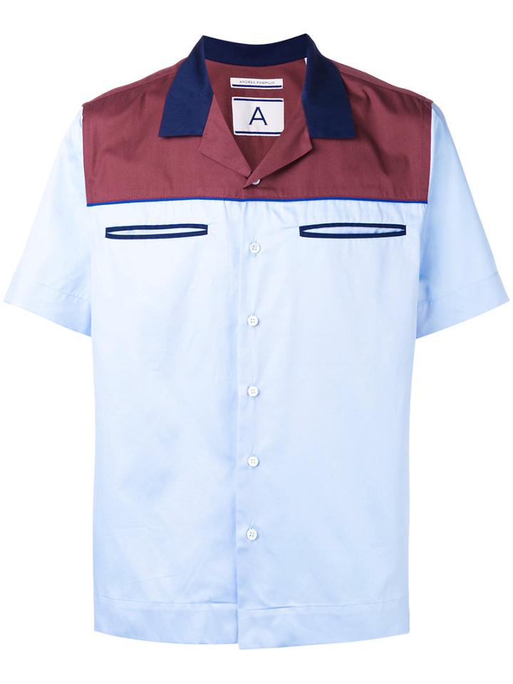 Andrea Pompilio Block Print Short Sleeve Shirt, Men's, Size: 46, Blue, Cotton