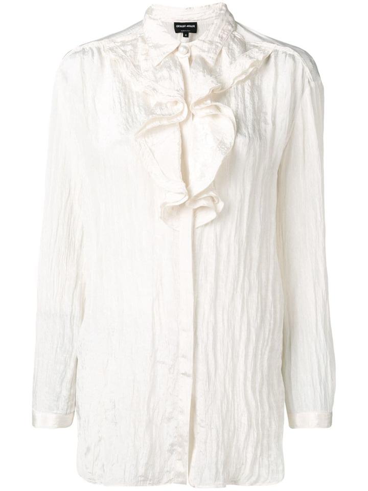 Giorgio Armani Ruffled Neck Crepe Blouse - Neutrals