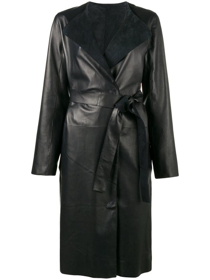 Yves Salomon - Contrast Collar Belted Coat - Women - Lamb Skin - 42, Women's, Blue, Lamb Skin