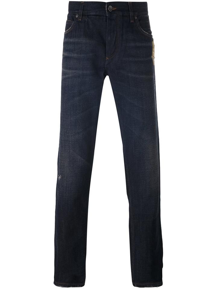 Dolce & Gabbana Pocket Watch Embroidered Jeans, Men's, Size: 44, Blue, Cotton/glass/copper/calf Leather