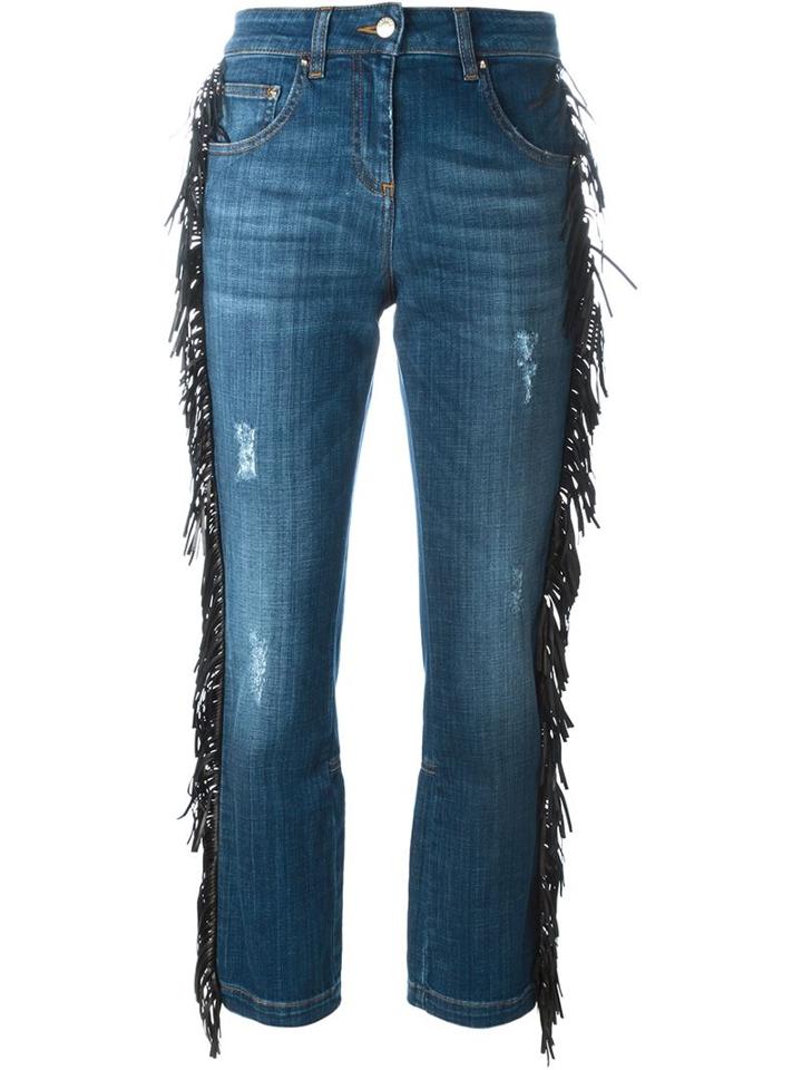Roberto Cavalli Fringed Cropped Jeans, Women's, Size: 42, Blue, Cotton/spandex/elastane/lamb Skin