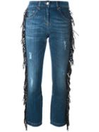 Roberto Cavalli Fringed Cropped Jeans, Women's, Size: 42, Blue, Cotton/spandex/elastane/lamb Skin