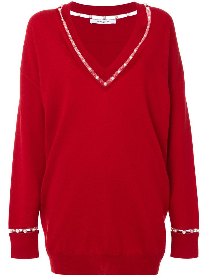 Givenchy - V-neck Sweater With Pearl Trim - Women - Silk/cotton/cashmere/wool - Xs, Red, Silk/cotton/cashmere/wool