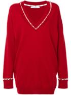 Givenchy - V-neck Sweater With Pearl Trim - Women - Silk/cotton/cashmere/wool - Xs, Red, Silk/cotton/cashmere/wool