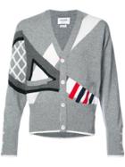 Thom Browne Classic V-neck Cardigan With Tennis Racket Intarsia In