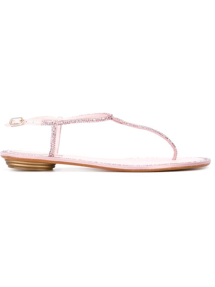 René Caovilla Embellished T-bar Sandals, Women's, Size: 39.5, Pink/purple, Silk/glass/leather