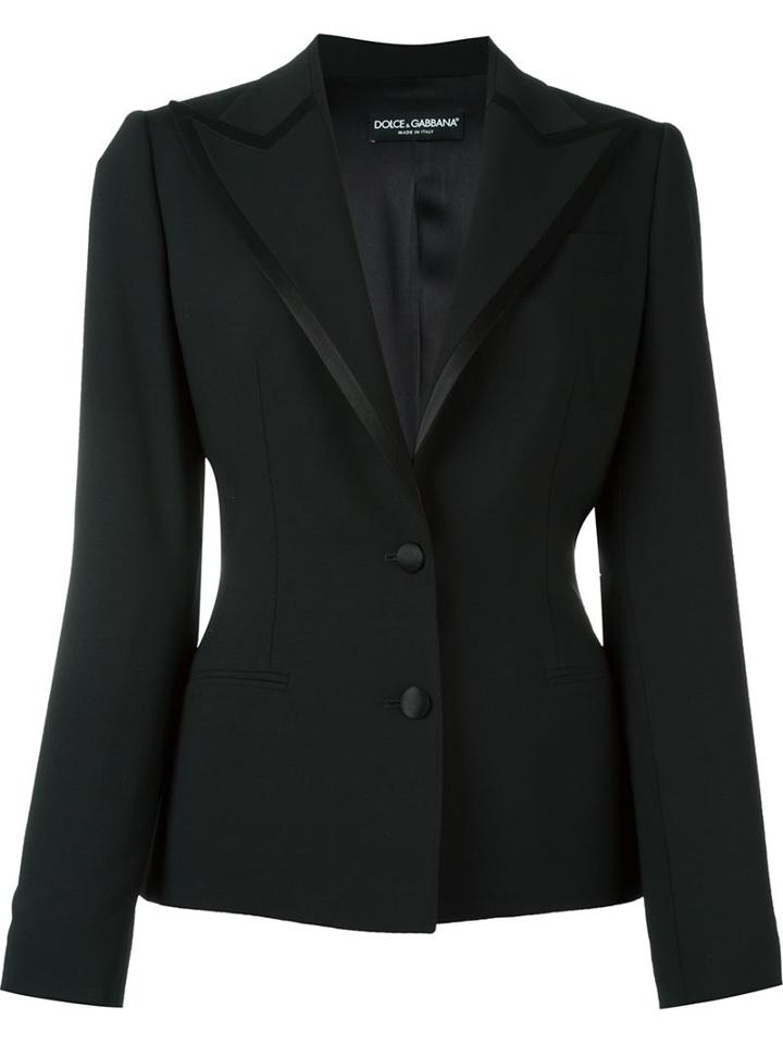 Dolce & Gabbana Satin Trim Peaked Lapel Blazer, Women's, Size: 46, Black, Silk/spandex/elastane/synthetic Enamel