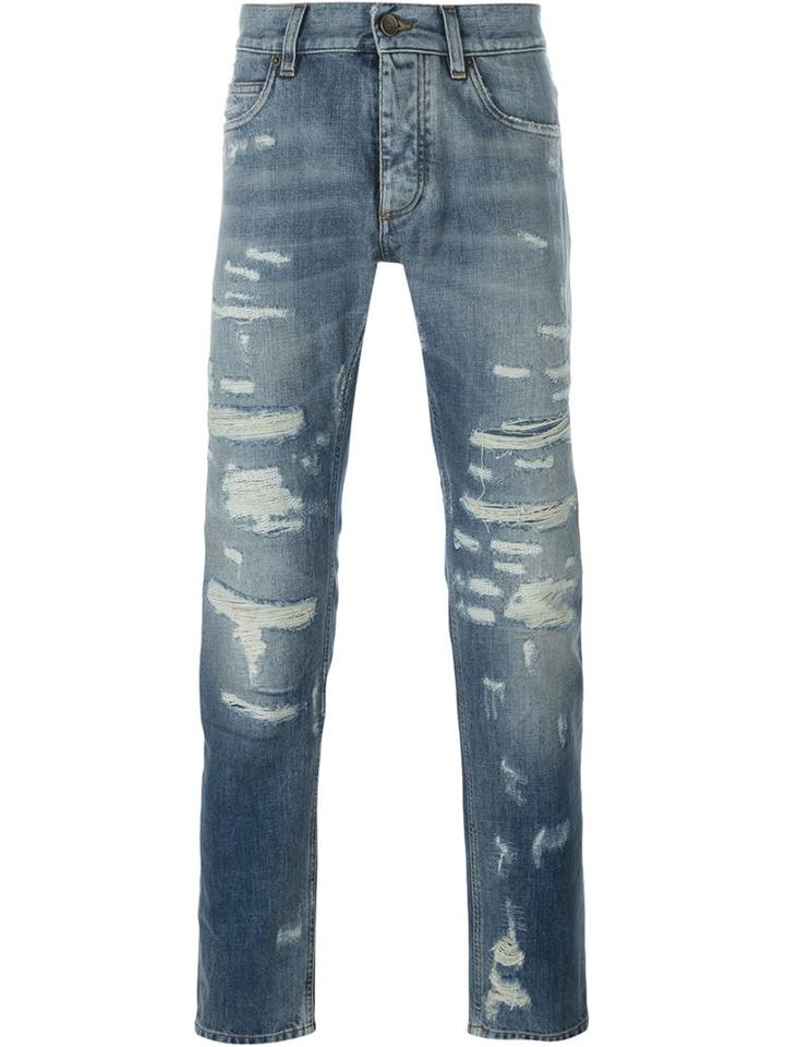 Dolce & Gabbana Distressed Jeans, Men's, Size: 46, Blue, Cotton/calf Leather