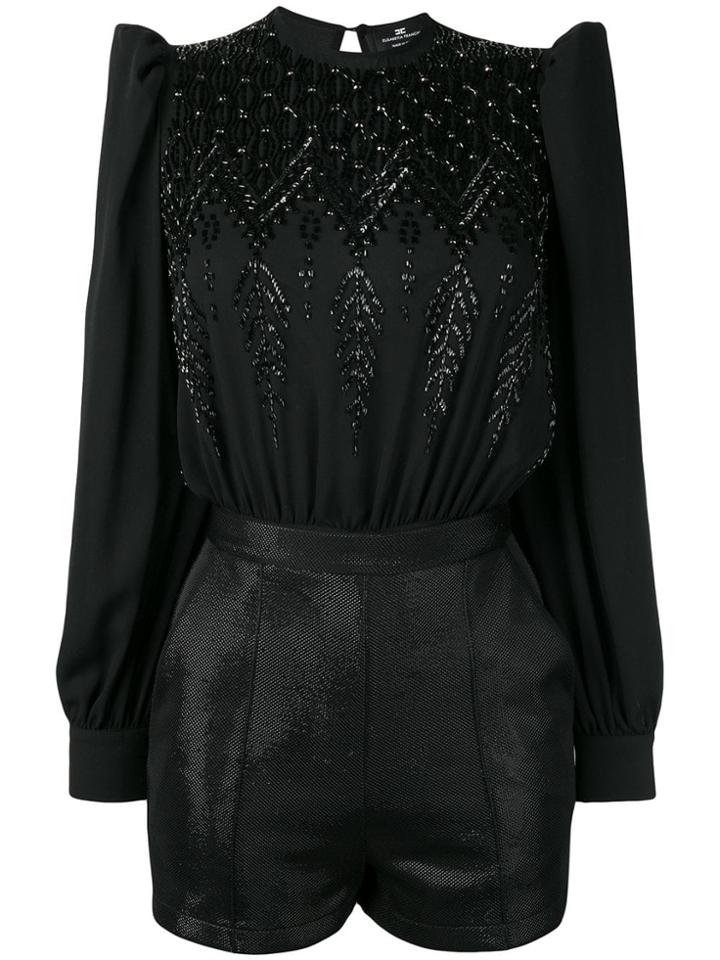 Elisabetta Franchi Embellished Longsleeved Playsuit - Black
