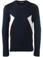 Neil Barrett Geometric Panel Knit Sweater, Men's, Size: Small, Blue, Nylon/alpaca