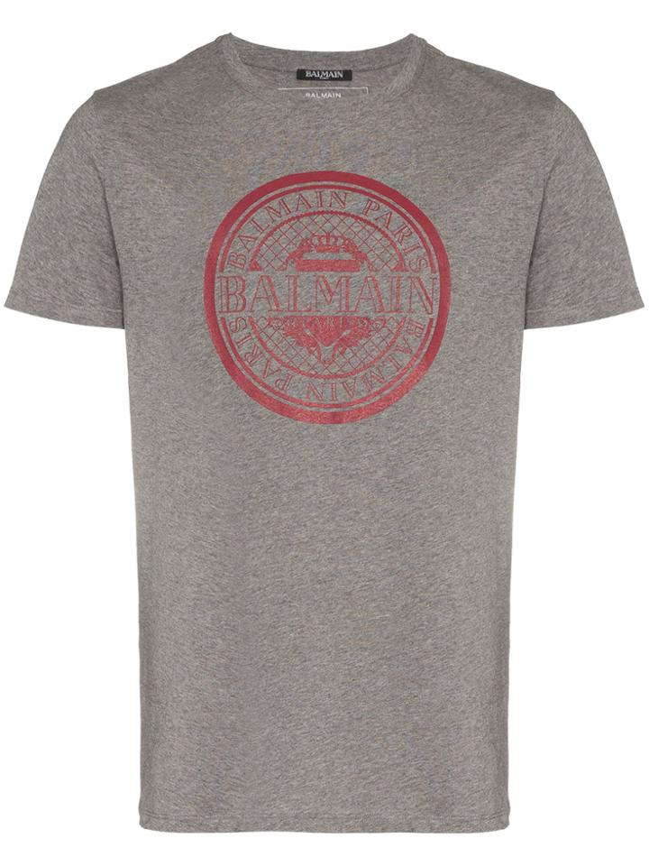 Balmain Grey And Red Logo Print Cotton T Shirt