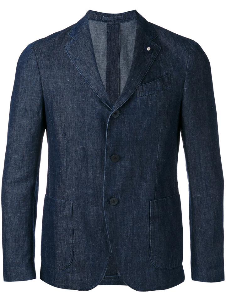 Lardini Denim Blazer, Men's, Size: 48, Blue, Cotton/linen/flax/polyester