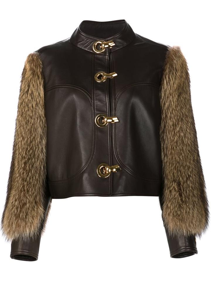 By. Bonnie Young Fur Sleeve Jacket, Women's, Size: 4, Brown, Lamb Skin/racoon Fur