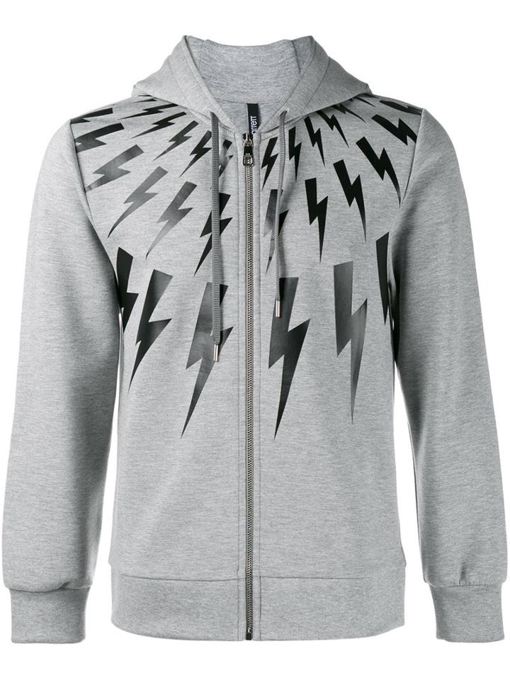 Neil Barrett Lightning Bolt Print Hoodie, Men's, Size: Xs, Grey, Cotton/spandex/elastane/lyocell/viscose