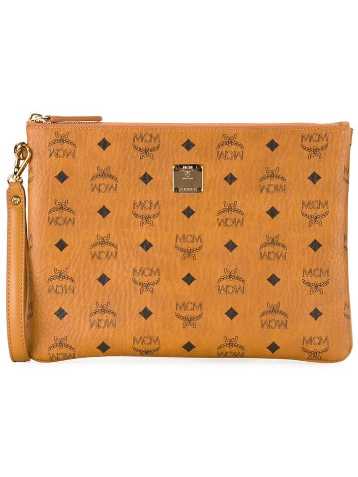 Mcm Logo Print Zip Clutch, Women's, Yellow/orange, Pvc