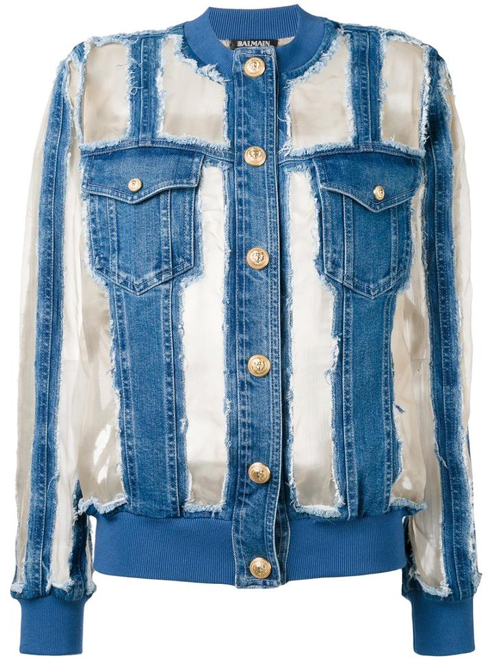 Balmain - Sheer Paneled Denim Jacket - Women - Cotton/polyurethane/silk/spandex/elastane - 38, Blue, Cotton/polyurethane/silk/spandex/elastane