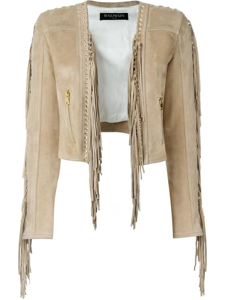Balmain Fringed Cropped Jacket, Women's, Size: 42, Nude/neutrals, Viscose/cotton/lamb Skin