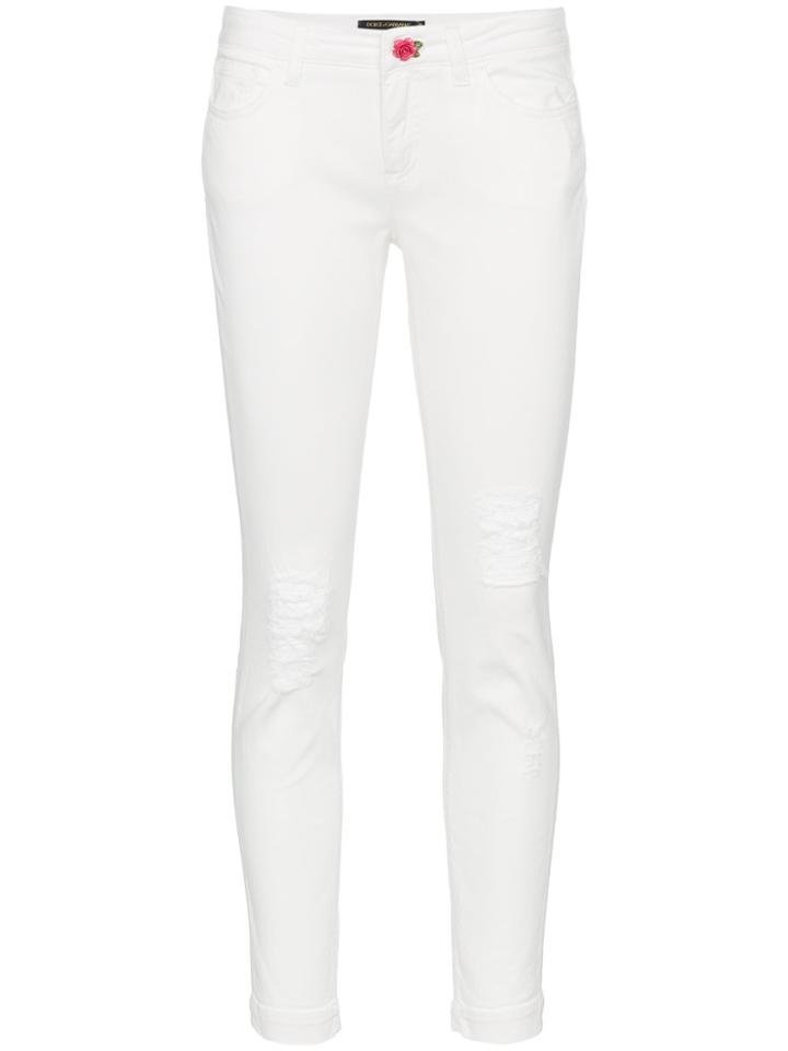 Dolce & Gabbana Pretty Fit Stretch Cotton Rose Button Jeans - White