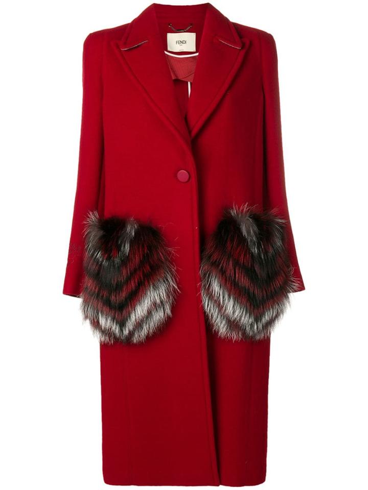 Fendi Fur Pocket Single Breasted Coat - Red