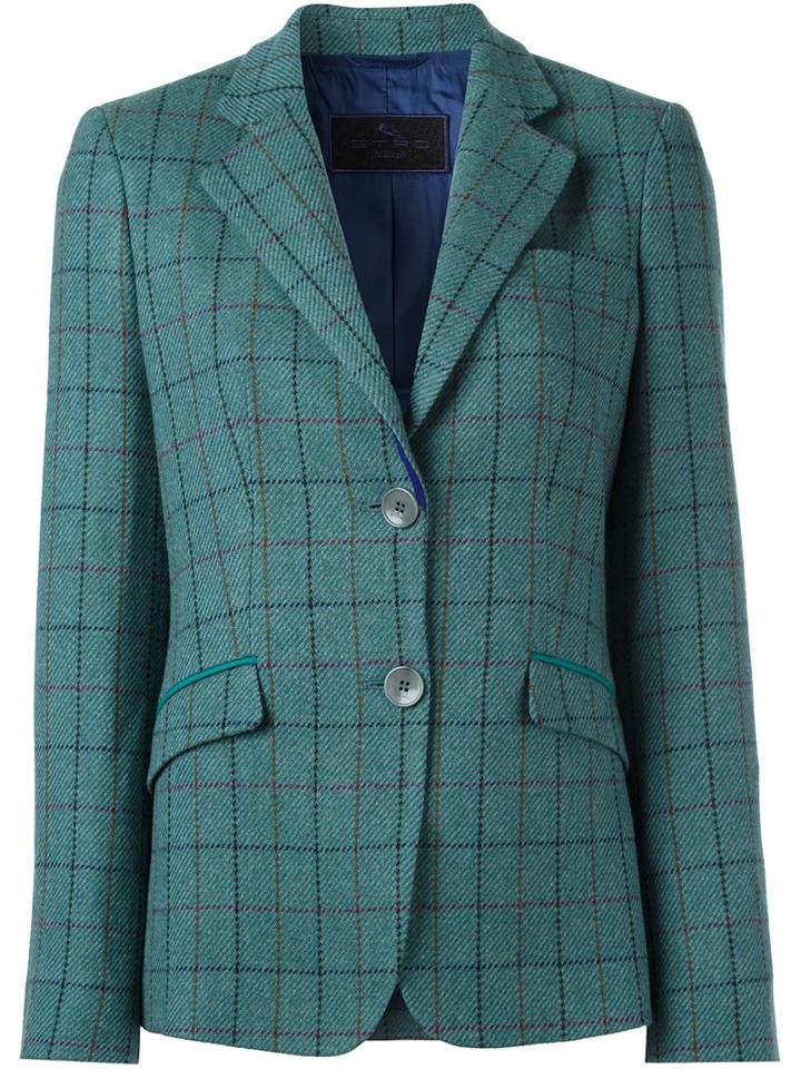 Etro Checked Single Breasted Blazer, Women's, Size: 44, Blue, Acetate/viscose/wool