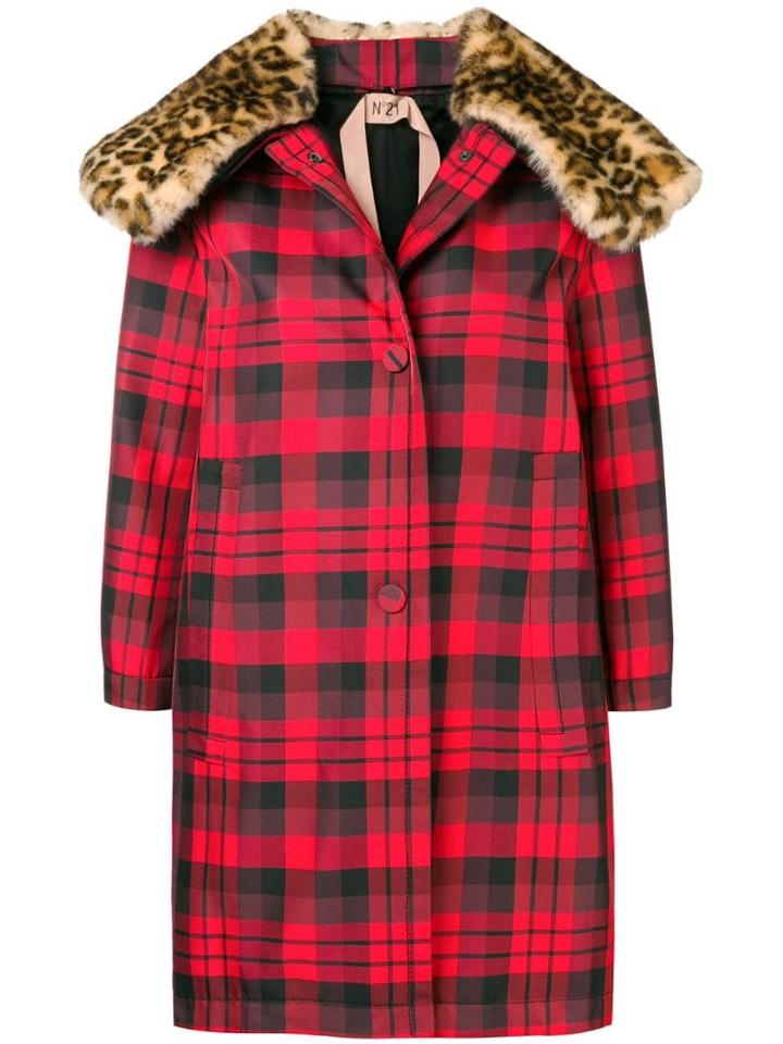 Nº21 Leopard Print Collar Check Coat - Red