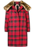 Nº21 Leopard Print Collar Check Coat - Red